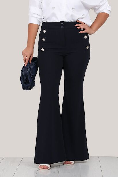 Büyük Beden Düğmeli Bol Paça Pantolon 