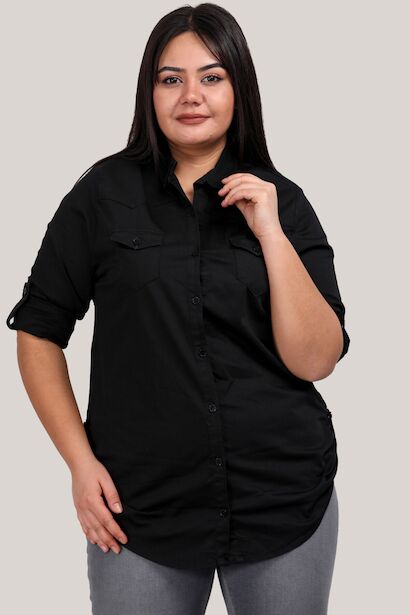 Büyük Beden Kol Katlamalı Kot Gömlek 