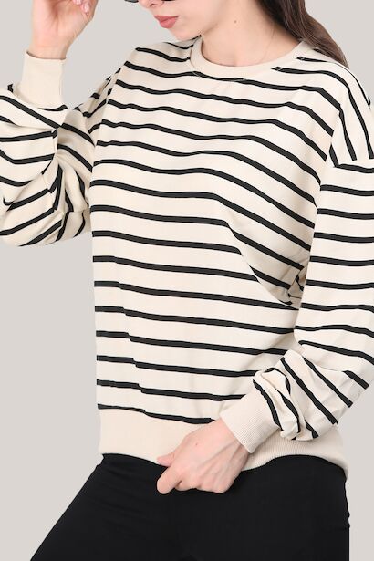 Kadın Bisiklet Yaka Yatay Çizgili Kolları Lastikli Sweat 