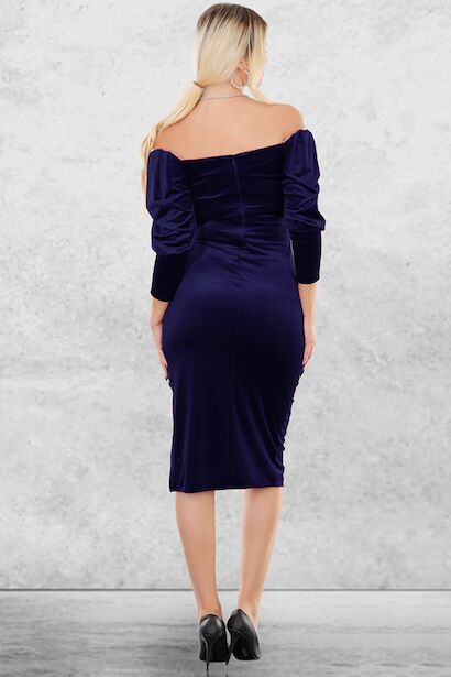 Kadın Uzun Manşetli Kol Pileli Kadife Elbise Lacivert 2
