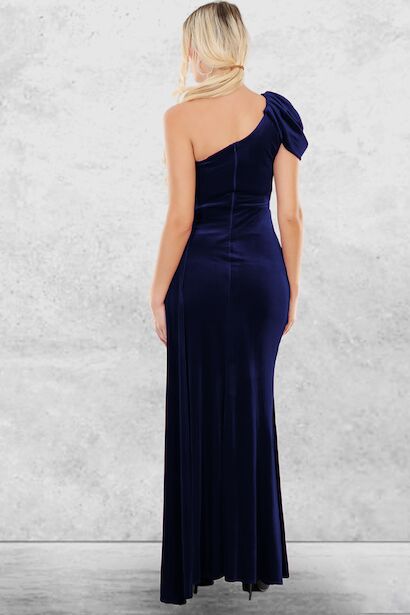 Kadın Omuz Detay Pileli Uzun Kadife Abiye Elbise Lacivert 2