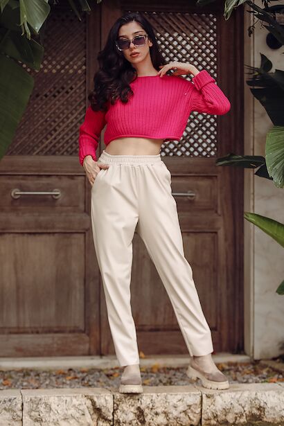 Kadın Bel Lastikli Deri Pantolon 