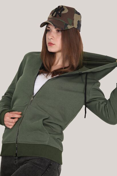 Unisex Fermuarlı Sweat Haki