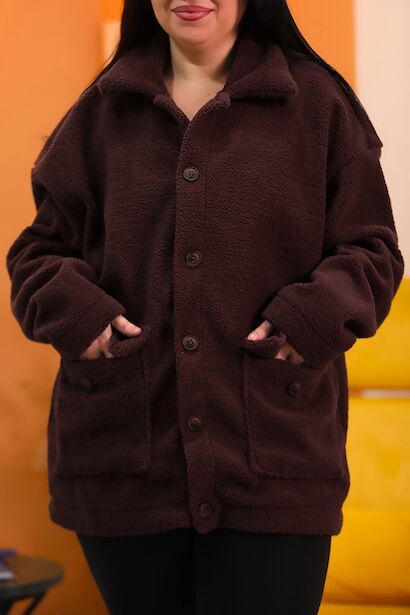 Büyük Beden Gömlek Yaka Düğmeli Peluş Ceket 