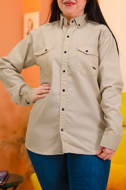 Büyük Beden Çıt Çıt Düğmeli Önden Cepli Gömlek 