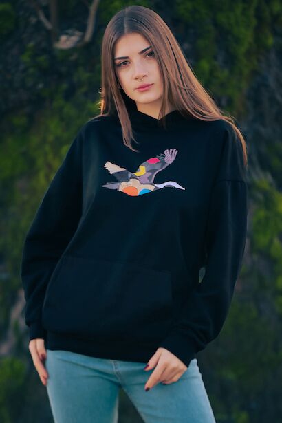 Kadın Baskılı Kapşonlu İçi Şardonlu Sweat 
