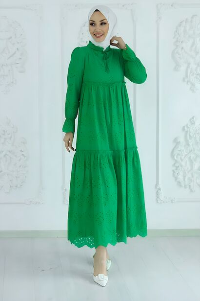 Kadın Güpürlü Uzun Elbise  Yeşil 4