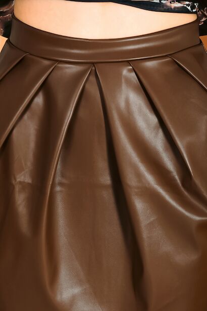 Kadın Deri Pileli Mini Etek  Kahverengi 6