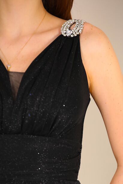 Kadın Omuz Aksesuarlı Uzun Simli Abiye  Siyah 9