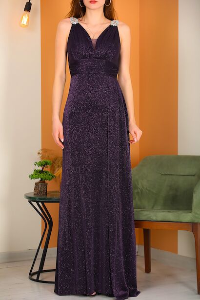 Kadın Omuz Aksesuarlı Uzun Simli Abiye  Mor 6