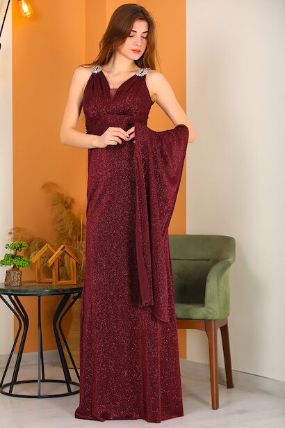 Kadın Omuz Aksesuarlı Uzun Simli Abiye