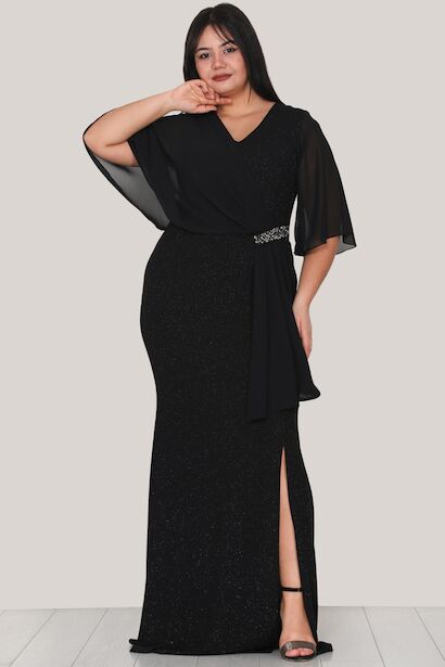 Büyük Beden Simli Uzun Abiye 