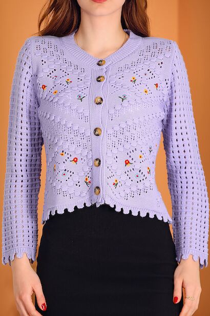 Kadın Nakışlı Düğmeli Kısa Hırka  Lila 6