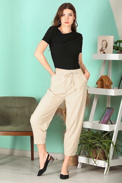 Kadın Çimalı Paraşüt Kumaş Havuç Pantolon 