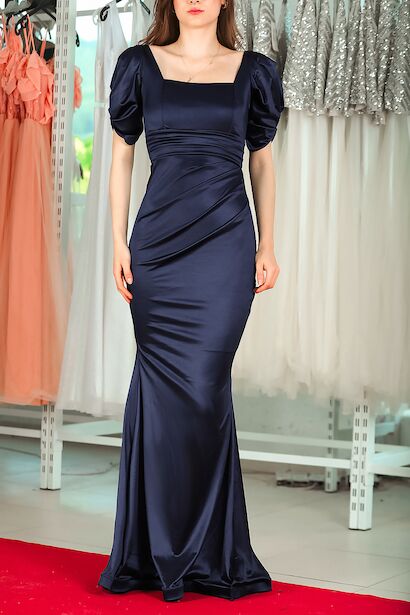 Kadın Kısa Kol Saten Abiye Elbise  Lacivert 6