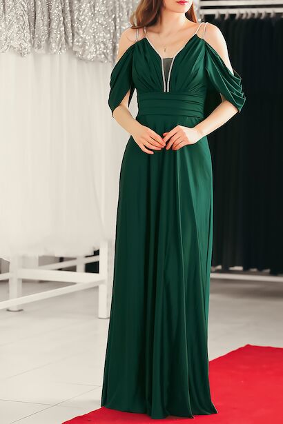 Kadın Taş Detaylı Uzun Abiye Zümrüt 6