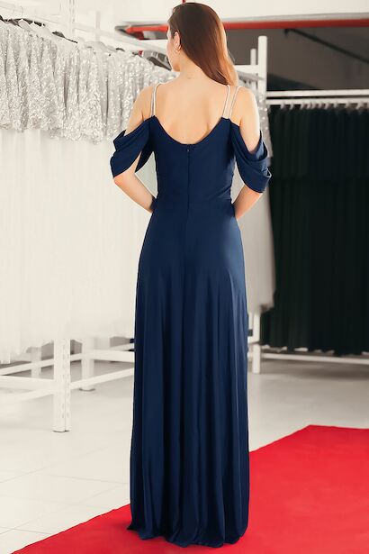 Kadın Taş Detaylı Uzun Abiye Lacivert 6