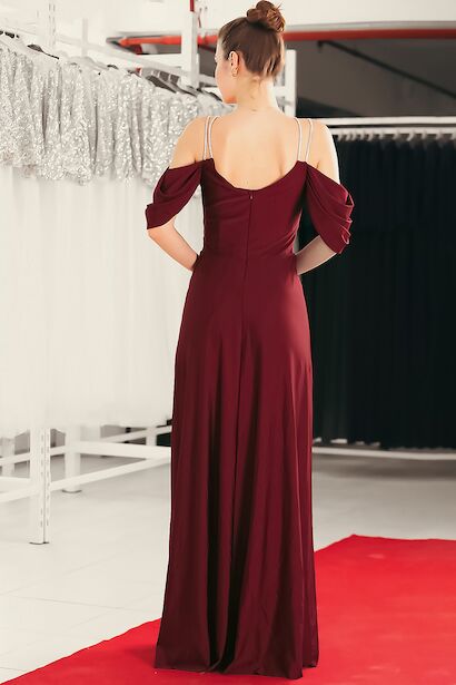 Kadın Taş Detaylı Uzun Abiye  Bordo 6