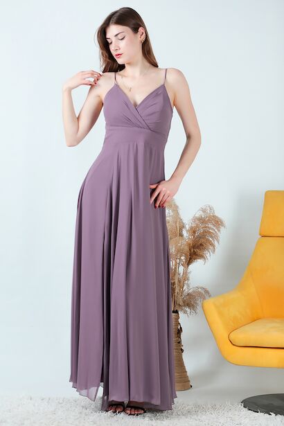 Kadın İp Askılı Şifon Uzun Abiye Mürdüm 6