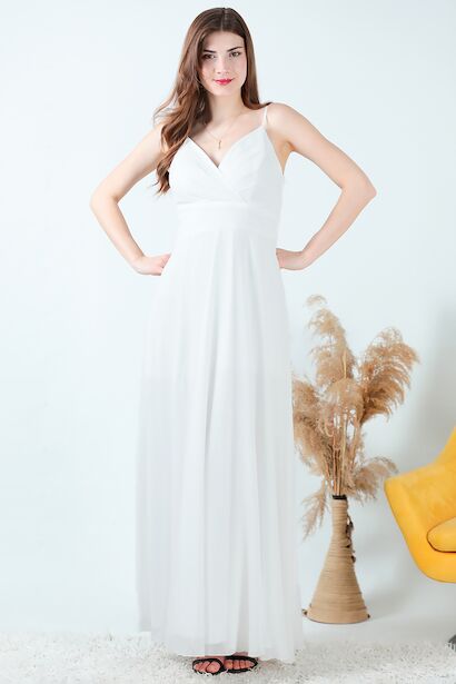 Kadın İp Askılı Şifon Uzun Abiye  Ekru 6