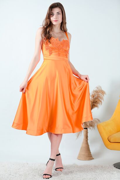 Kadın Midi Boy Saten Abiye  Turuncu 6