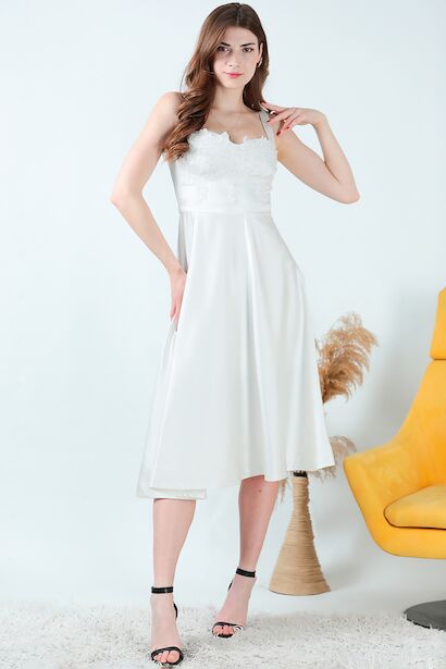 Kadın Midi Boy Saten Abiye  Ekru 6