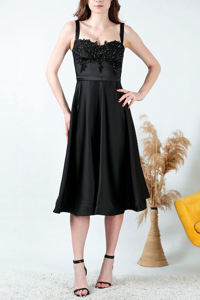 Kadın Midi Boy Saten Abiye  Siyah 6