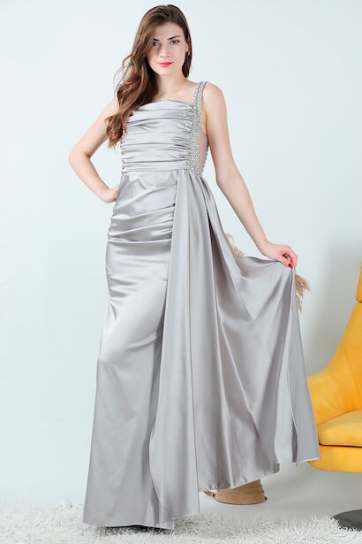 Kadın Taşlı Saten Uzun Abiye 