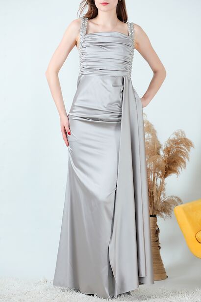 Kadın Taşlı Saten Uzun Abiye Gri 6