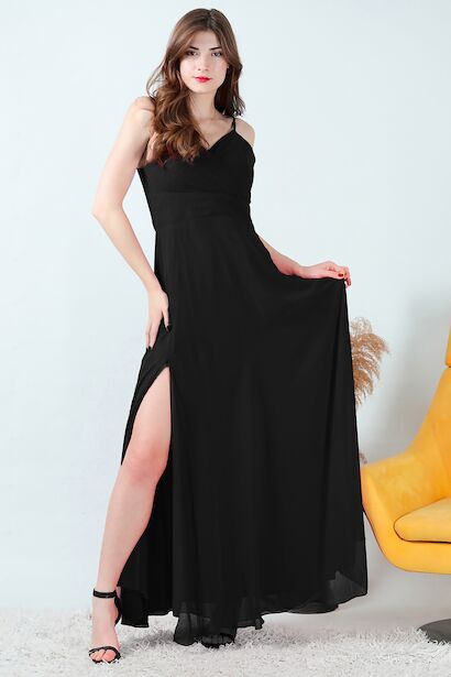 Kadın İp Askılı Şifon Uzun Abiye 