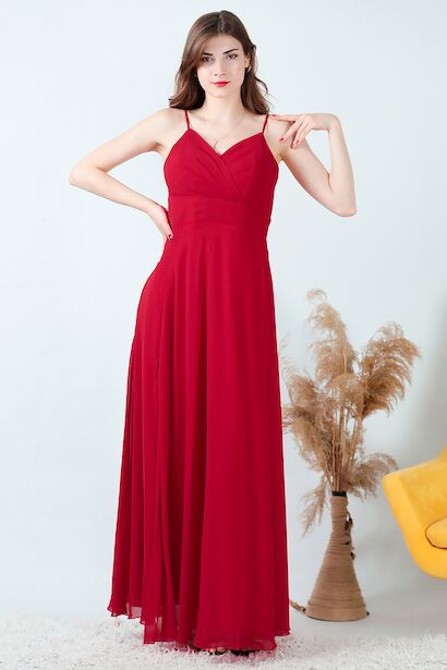 Kadın İp Askılı Şifon Uzun Abiye  Kırmızı 6