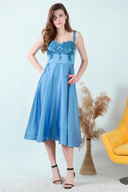 Kadın Midi Boy Saten Abiye  İndigo 6