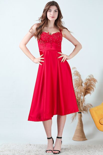 Kadın Midi Boy Saten Abiye Kırmızı 6