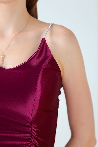 Kadın Saten Kısa Abiye elbise Mürdüm 9