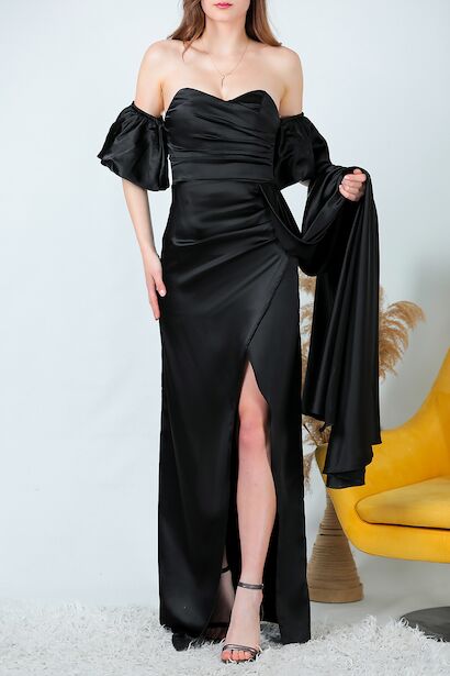 Kadın Balon Kol Saten Uzun Abiye Elbise  Siyah 6