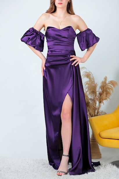 Kadın Balon Kol Saten Uzun Abiye Elbise  Mor 6