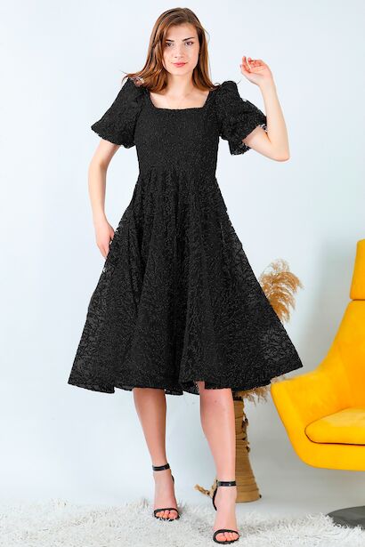 Kadın Balon Kol Simli Midi Boy Abiye Elbise 