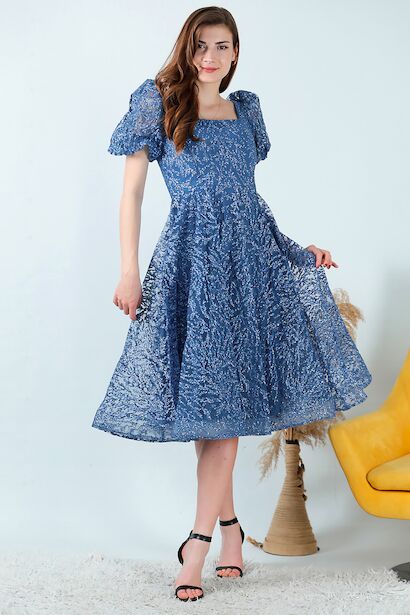 Kadın Balon Kol Simli Midi Boy Abiye Elbise 