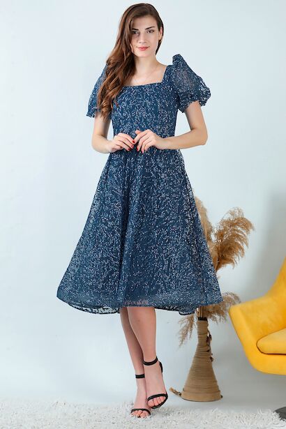 Kadın Balon Kol Simli Midi Boy Abiye Elbise 