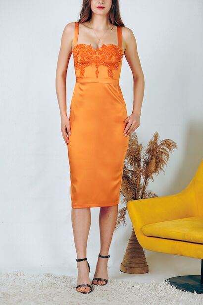 Kadın Saten Kısa Elbise  Turuncu 6