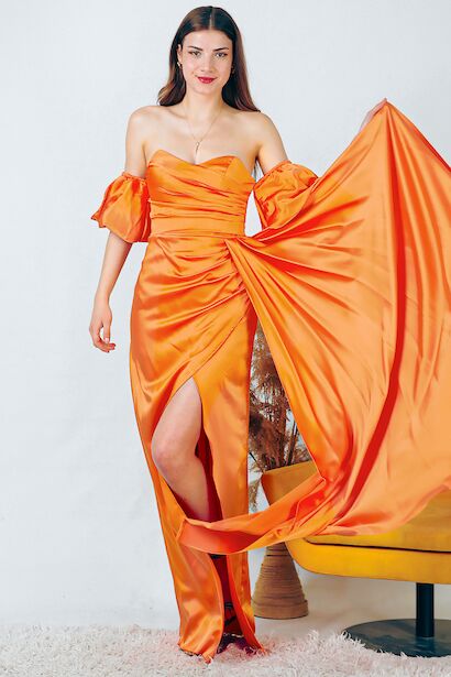 Kadın Balon Kol Saten Uzun Abiye Elbise 