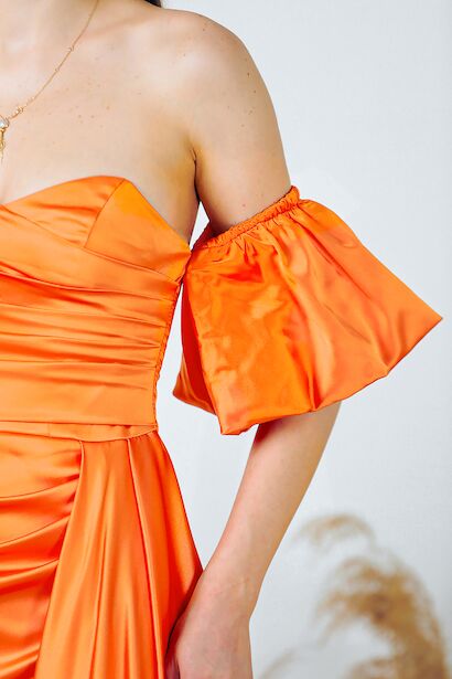 Kadın Balon Kol Saten Uzun Abiye Elbise  Turuncu 9
