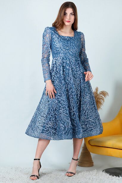 Kadın Simli Midi Boy Abiye Elbise 