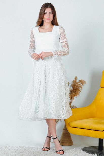 Kadın Simli Midi Boy Abiye Elbise  Ekru 6