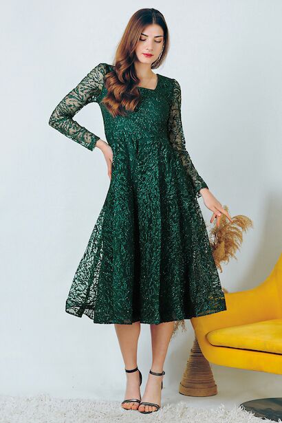 Kadın Simli Midi Boy Abiye Elbise 