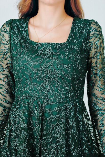 Kadın Simli Midi Boy Abiye Elbise  Zümrüt 6