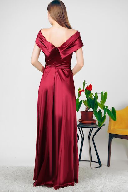 Kadın Saten Kayık Yaka Uzun Abiye  Bordo 6