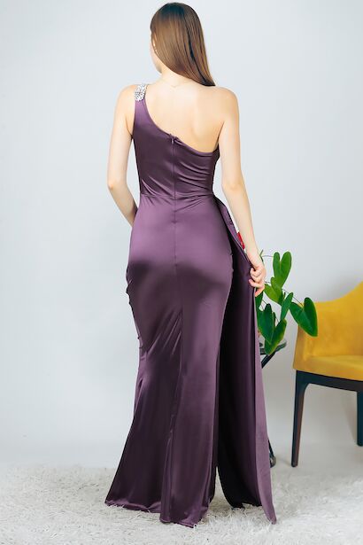 Kadın Omuz Aksesuarlı Uzun Saten Abiye Mürdüm Mürdüm 6