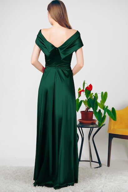 Kadın Saten Uzun Abiye Zümrüt 6