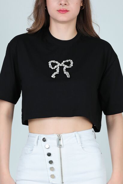 Kadın Bisiklet Yaka Taşlı T-shırt  Siyah 6